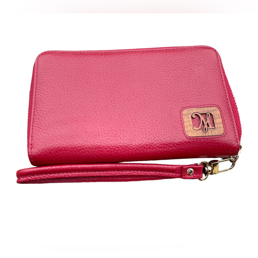Martin & McArthur Hawaii Red Leather Wallet Wristlet Koa Wood Trim - Picture 7 of 7